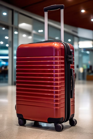 A red suitcase sitting on top of a floor. Generative AI image.の素材