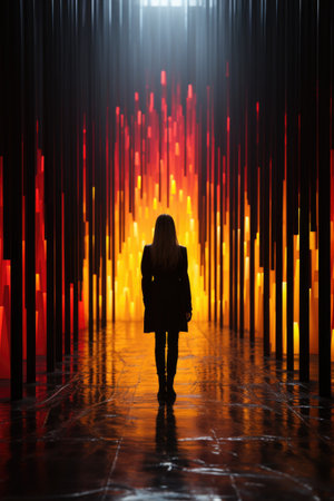 A person standing in a dark room with red and yellow lights. Generative AI image. Visualization of gender spectrumの素材