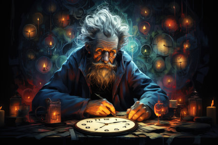 A man sitting at a table with a clock in front of him. Generative AI image.の素材