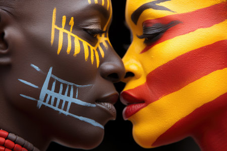 A couple of people with painted faces. Generative AI image. Visualization of gender spectrumの素材