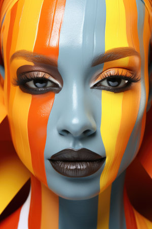 A close up of a womans face with colorful makeup. Generative AI image.の素材