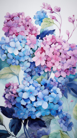 A painting of purple and blue flowers in a vase. Generative AI image. Hydrangea flowers.の素材