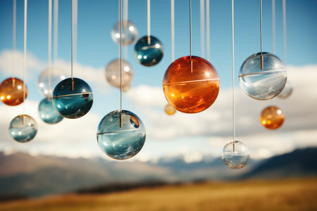 A bunch of glass balls hanging from strings. Generative AI image.の素材