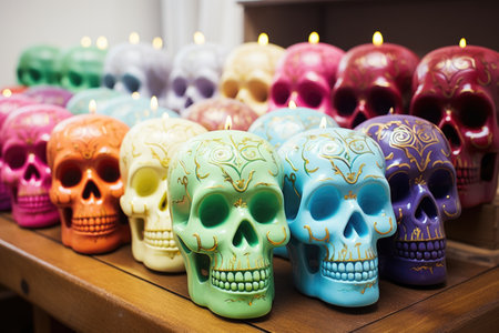 A row of colorful skulls sitting on top of a wooden table. Generative AI image.の素材
