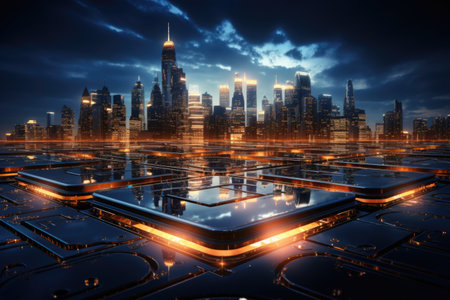 A cityscape with a lot of lights on it. Generative AI image.の素材