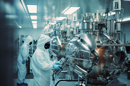 A man in a white lab coat working on a machine. Generative AI image.の素材