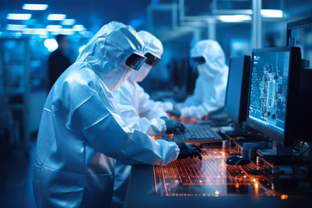 A group of people working on computers in a factory. Generative AI image.の素材