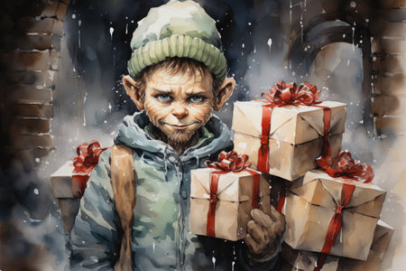 Grinch is stealing Christmas gifts. Generative AI image.の素材