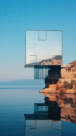 A glass house sitting on top of a cliff next to a body of water. Generative AI image.の素材