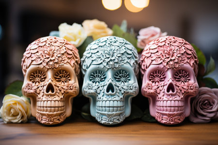 A group of three sugar skulls sitting on top of a table. Generative AI image.の素材