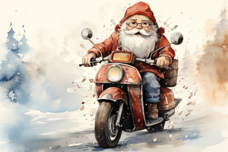 A painting of a santa claus riding a motorcycle. Generative AI image.の素材