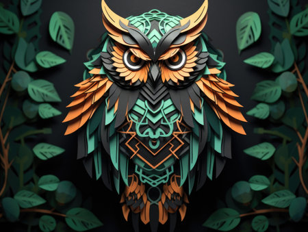 A paper cut of an owl sitting on a tree branch. Generative AI image.の素材