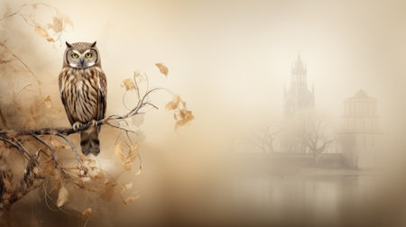 An owl sitting on a branch in front of a castle. Generative AI image.の素材