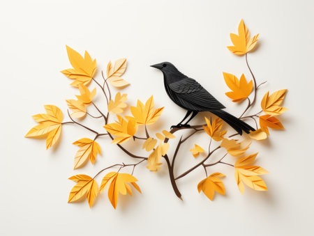 A black bird sitting on top of a tree branch. Generative AI image.の素材