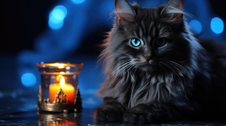 A cat sitting next to a lit candle. Generative AI image.の素材