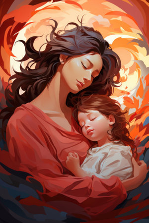 A painting of a woman holding a child. Generative AI image.の素材
