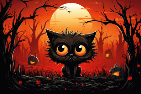 A black cat sitting in the middle of a forest. Generative AI image.の素材