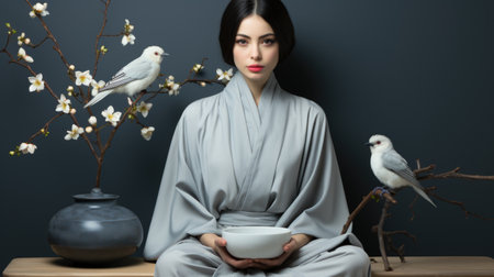 A woman in a kimono robe holding a bowl. Generative AI image.の素材