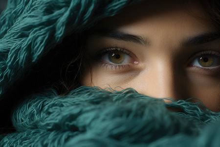 A close up of a person wearing a green scarf. Generative AI image.の素材