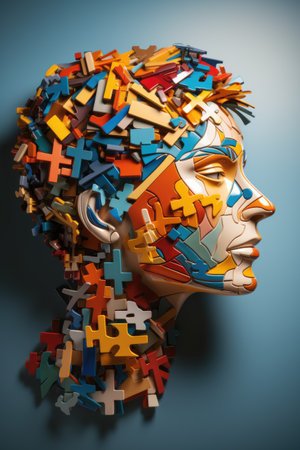 A womans head made out of puzzle pieces. Generative AI image. Visualization of gender spectrumの素材