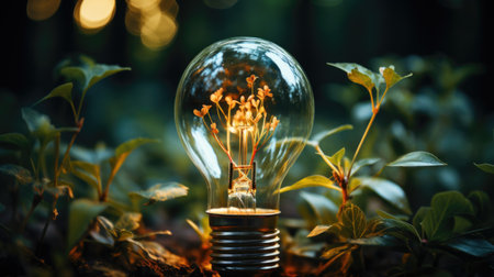 A light bulb sitting on top of a lush green field. Generative AI image. Energy justice concept.の素材