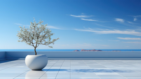 A white vase with a tree in it on a tiled floor. Generative AI image.の素材