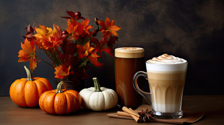 A cup of pumpkin spice latte coffee next to a vase of flowers. Generative AI image.の素材