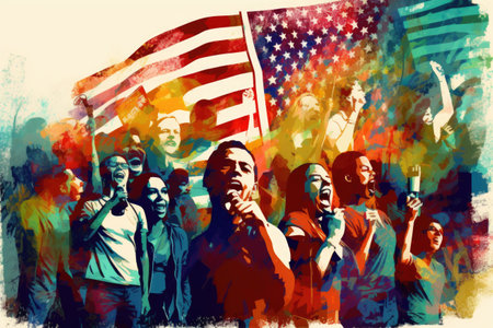 A painting of a group of people with an american flag. Generative AI image.の素材