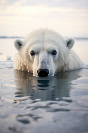 A polar bear is swimming in the water. Generative AI image.の素材