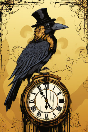 A black bird wearing a top hat sitting on a clock. Generative AI image.の素材