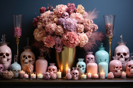 A group of vases filled with flowers and candles. Generative AI image.の素材