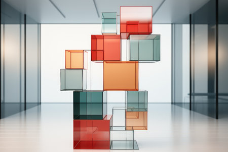 A glass cube sculpture in an empty room. Generative AI image.の素材