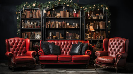 A living room filled with red leather furniture. Generative AI image.の素材