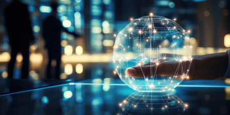 A person holding a glowing sphere on a table. Generative AI image.の素材