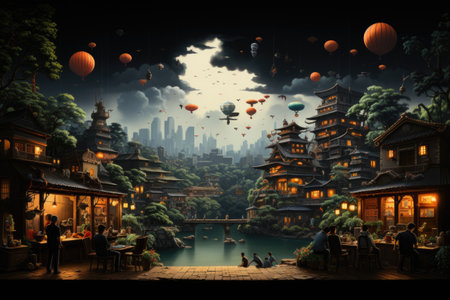 A painting of a city at night with balloons in the sky. Generative AI image.の素材