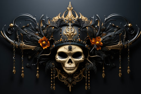 A gold skull with a crown on top of it. Generative AI image.の素材