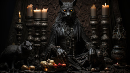 A black cat sitting in a chair surrounded by candles. Generative AI image.の素材