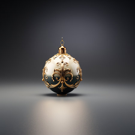 A white and gold christmas ornament on a table. Generative AI image.の素材