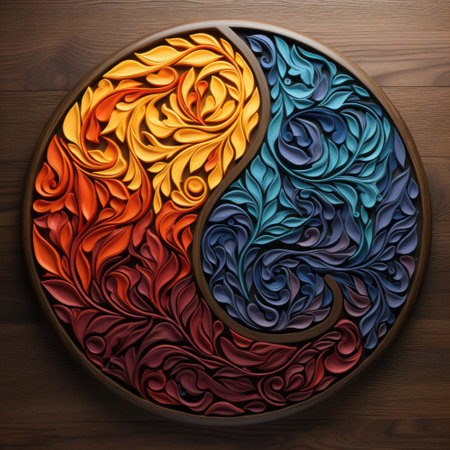 A wooden plate with two different colored swirls on it. Generative AI image.の素材