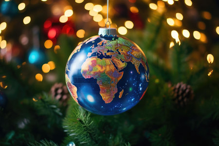 A globe ornament hanging from a christmas tree. Generative AI image.の素材