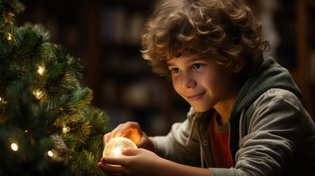 A young boy holding a light in front of a christmas tree. Generative AI image.の素材