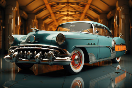 A classic car is parked in a building. Generative AI image.の素材