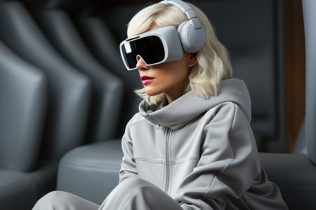 A woman sitting on a couch wearing a pair of headphones. Generative AI image.の素材