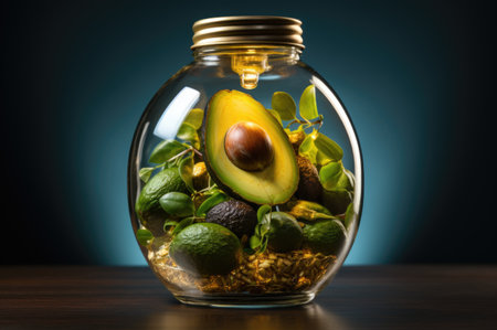 A jar filled with avocado and other vegetables. Generative AI image.の素材
