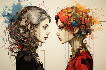 A couple of women standing next to each other. Generative AI image.の素材