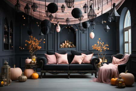 A living room with a black couch and pink pillows. Generative AI image.の素材