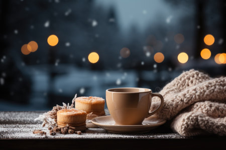 A cup of coffee and some cookies on a table. Generative AI image.の素材