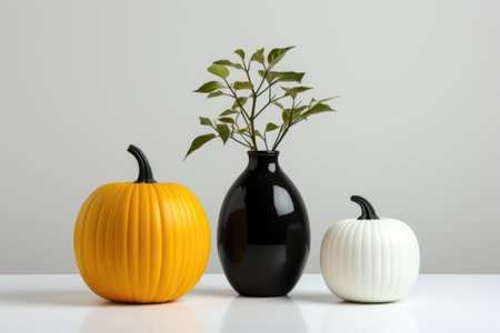 A vase with a plant in it next to two pumpkins. Generative AI image.の素材
