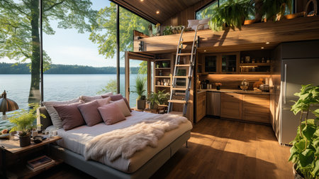 A bedroom with a bed and a ladder. Generative AI image.の素材