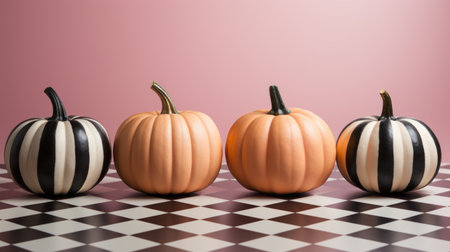 A group of pumpkins sitting on top of a checkered floor. Generative AI image.の素材